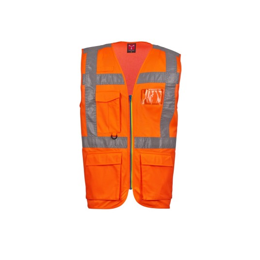 KAMIZELKA ODBLASKOWA ROZPINANA Z KIESZENIAMI EXTRA - POMARAŃCZOWY FLUO