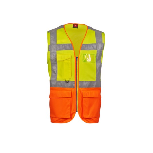 KAMIZELKA ODBLASKOWA ROZPINANA Z KIESZENIAMI EXTRA - ŻÓŁTY FLUO / POMARAŃCZOWY FLUO