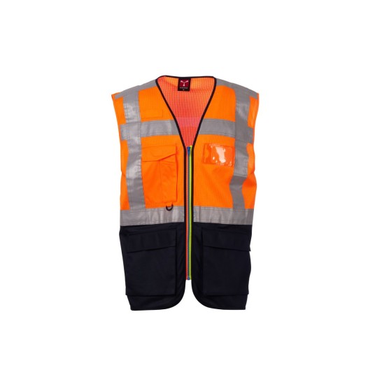 KAMIZELKA ODBLASKOWA ROZPINANA Z KIESZENIAMI EXTROVERT MESH - POMARAŃCZOWY FLUO/GRANATOWY