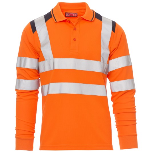 KOSZULKA POLO DŁUGI RĘKAW GUARD+WINTER - POMARAŃCZOWY FLUO-GRANATOWY