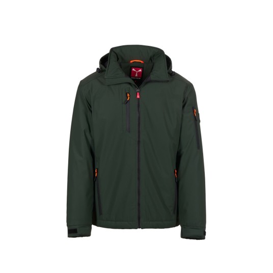 KURTKA OCIEPLANA SOFTSHELL Z KAPTUREM MĘSKA CREEK PAD ULTRALITE - LEŚNA ZIELEŃ/CZARNY
