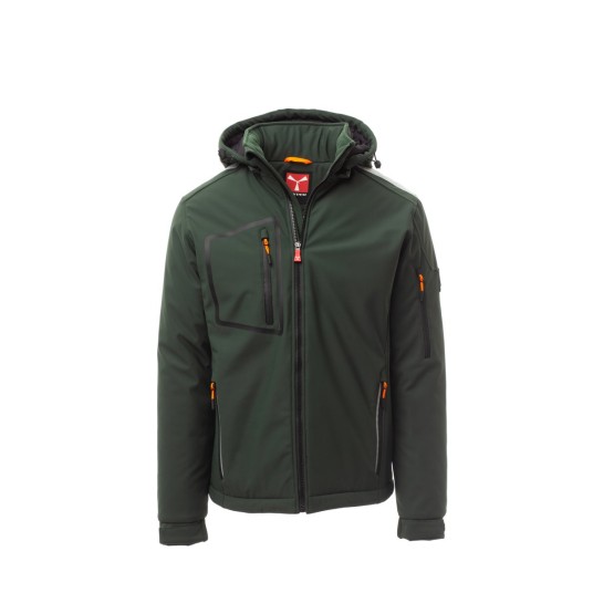 KURTKA OCIEPLANA SOFTSHELL Z KAPTUREM MĘSKA STREAM PAD - LEŚNA ZIELEŃ/CZARNY