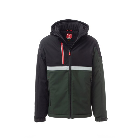 KURTKA OCIEPLANA SOFTSHELL Z KAPTUREM MĘSKA WISE PAD - LEŚNA ZIELEŃ/CZARNY