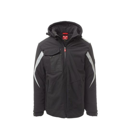 KURTKA OCIEPLANA SOFTSHELL Z KAPTUREM MĘSKA WONDER PAD - ANTRACYTOWY/CZARNY