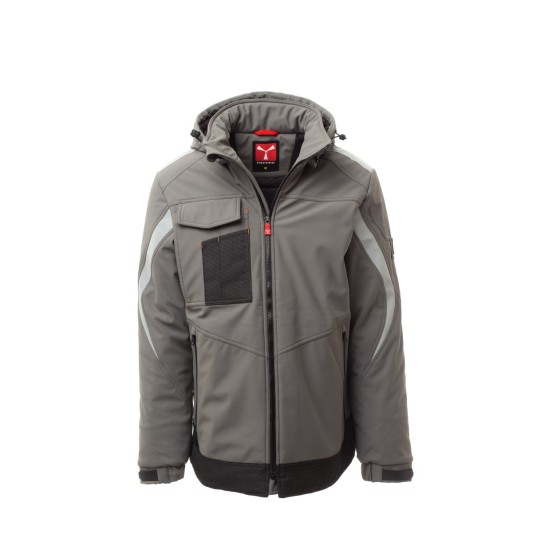 KURTKA OCIEPLANA SOFTSHELL Z KAPTUREM MĘSKA WONDER PAD - ZADYMIONY/CZARNY