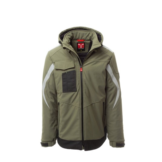 KURTKA OCIEPLANA SOFTSHELL Z KAPTUREM MĘSKA WONDER PAD - ZIELONY WOJSKOWY/CZARNY