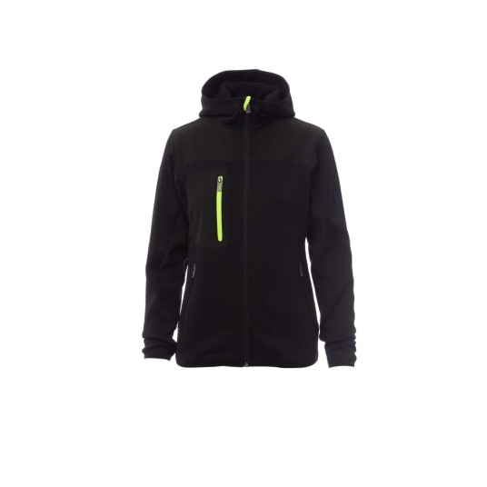 KURTKA SOFTSHELL Z KAPTUREM DAMSKA TRIP LADY - CZARNY/CZARNY-ŻÓŁTY FLUO
