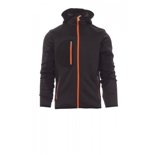 KURTKA SOFTSHELL Z KAPTUREM MĘSKA TRIP - SZARY STALOWY MELANŻ/CZARNO-POMARAŃCZOWY FLUO