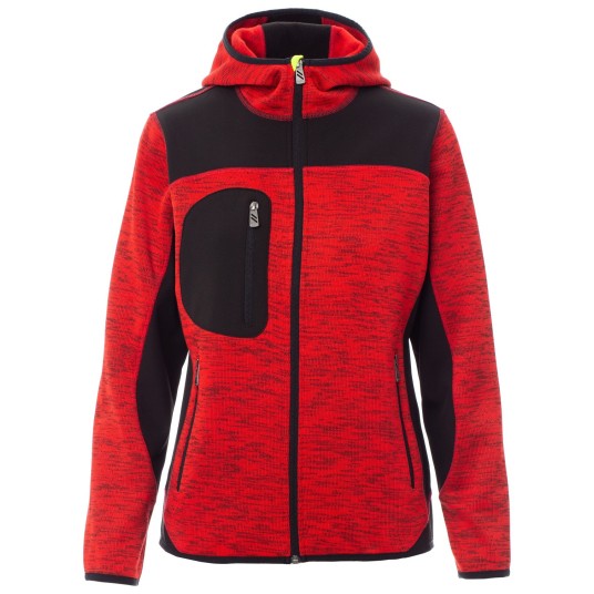 KURTKA SOFTSHELL Z KAPTUREM TRIP LADY - CZERWONY-CZARNO-ŻÓŁTY FLUO