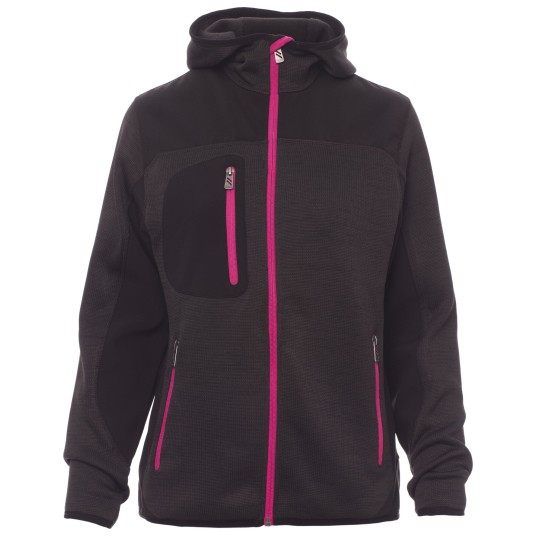KURTKA SOFTSHELL Z KAPTUREM TRIP LADY - SZARY STALOWY MELANŻ-CZARNO-FUKSJOWY FLUO