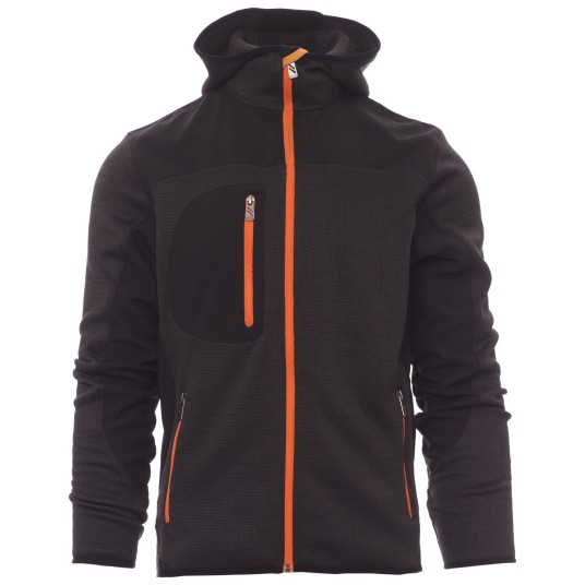 KURTKA SOFTSHELL Z KAPTUREM TRIP - SZARY STALOWY MELANŻ-CZARNO-POMARAŃCZOWY FLUO