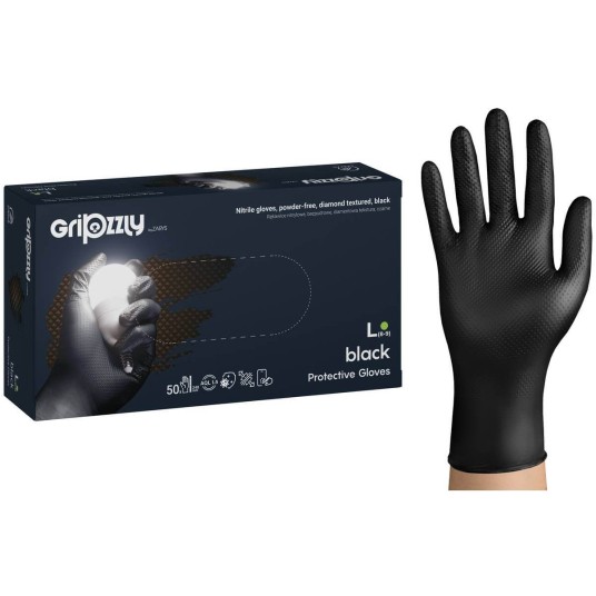 RĘKAWICE OCHRONNE, NITRYLOWE BEZPUDROWE CZARNE 50 SZT. - GRIPZZLY