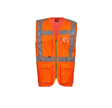 KAMIZELKA ODBLASKOWA ROZPINANA Z KIESZENIAMI EXTRA - POMARAŃCZOWY FLUO