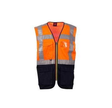 KAMIZELKA ODBLASKOWA ROZPINANA Z KIESZENIAMI EXTROVERT MESH - POMARAŃCZOWY FLUO/GRANATOWY
